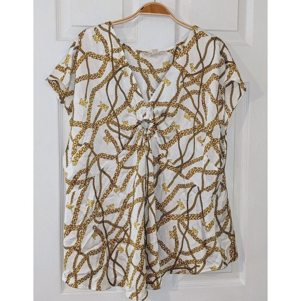 Michael Kors Chain Print Top Blouse Keyhole Neck Short Sleeve‎ White 1X